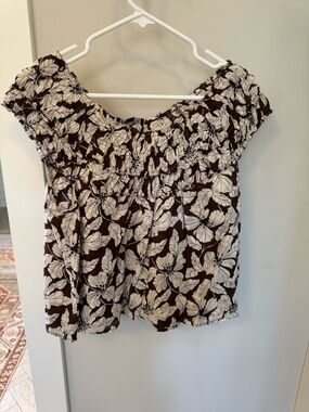 J. Crew Brown and Cream Floral Off-Shoulder Crop Top